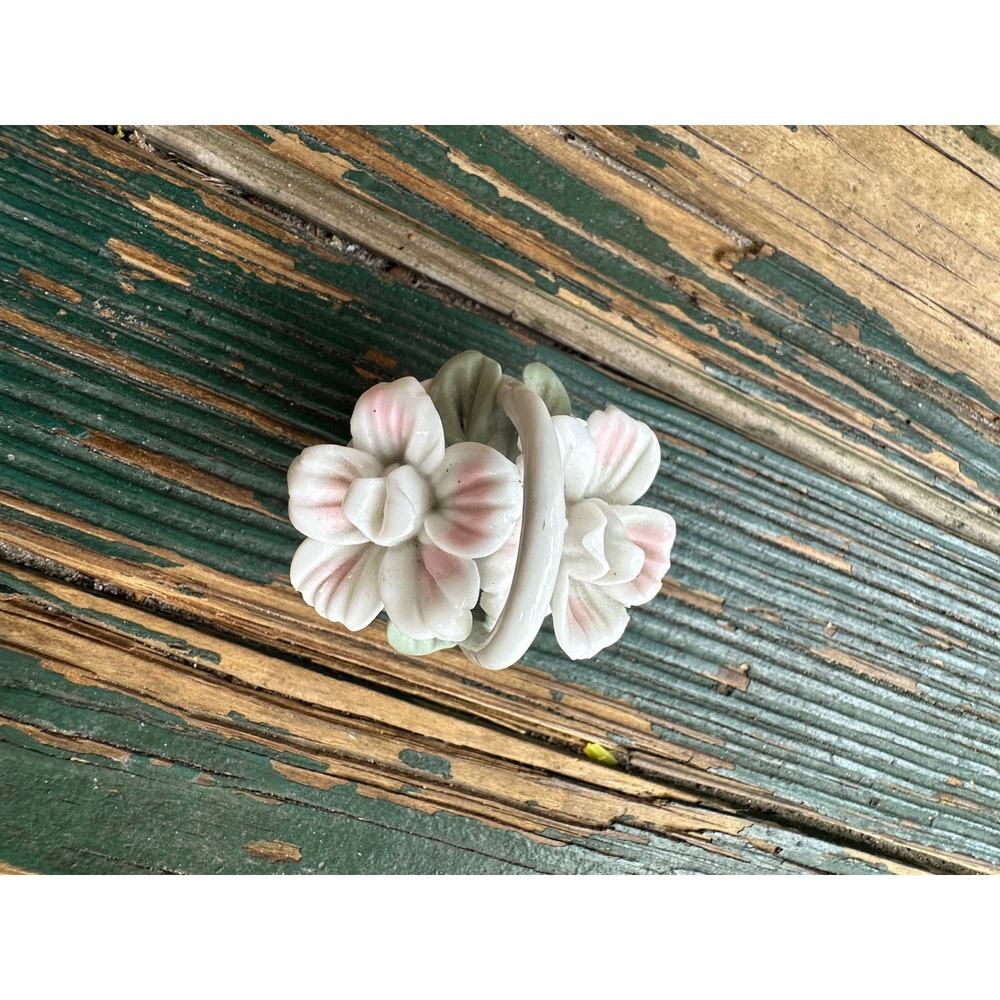Vintage Miniature Porcelain Flower Basket Figurine Pink White Hand Painted 1.5"